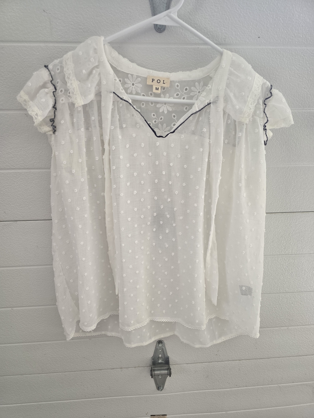 POL Sheer White Swiss Dot Tie-Neck Blouse
